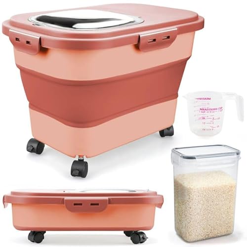 Rice Storage Containers, Collapsible 20 to 30Lbs Food Storage Bin Dispenser with Rolling Wheel and Clear Airtight Lid, BPA Free Flour, Sugar, Cereal and Dog Cat Pet food Containers