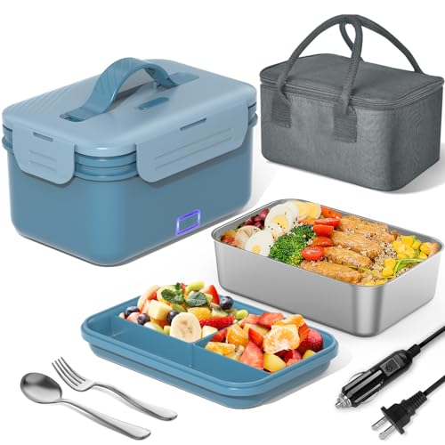 Electric Lunch Box Food Heater 100W, 4 in 1 Ultra Quick Heated Lunch Boxes for Adults 12V/24V/110V/220V Portable Food Warmer for Car/Truck/Office With Fork Spoon and Insulated Carry Bag