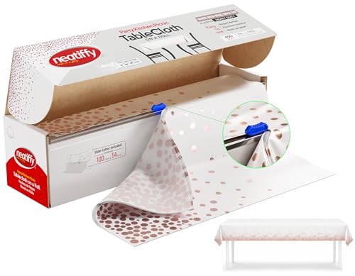 Neatiffy Disposable Plastic Table Cloth Roll with Slide Cutter | Waterproof Cover for Rectangle, Square, Oval Tables | Picnic, Party, Banquet, Birthdays, Weddings - White Rosegold Dots