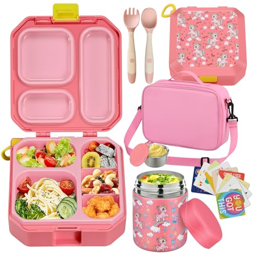 Bento Lunch Box for Kids with 12oz Soup Thermo Leak-Proof Lunch Food Container with 5 Compartment Thermo Hot Food Jar and Insulated Lunch Bag for Kid Toddler Girls Boys to School