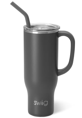 Swig Life 30oz Mega Mug, 30 oz Tumbler with Handle and Straw, Cup Holder Friendly, Dishwasher Safe, Extra Large Insulated Tumbler, Stainless Steel Water Bottle (Grey)