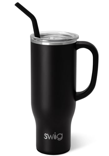 Swig Life 30oz Mega Mug, 30 oz Tumbler with Handle and Straw, Cup Holder Friendly, Dishwasher Safe, Extra Large Insulated Tumbler, Stainless Steel Water Bottle (Black)