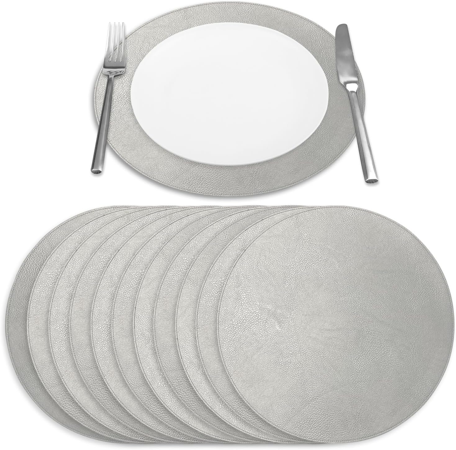 Morgan Faux Leather Round Set of 12 Placemats, 15", Silver, Heat Resistant, Stain Resistant, Non-Slip, Reversible, Durable Table Mats for Kitchen, Dining Table, Indoor Washable Use