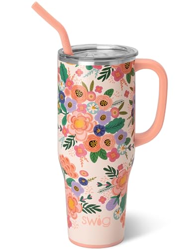 Swiglife 40oz Mega Mug, 40 oz Tumbler with Handle and Straw, Cup Holder Friendly, Dishwasher Safe, Lightweight Extra Large Insulated Tumbler, Stainless Steel (Full Bloom)