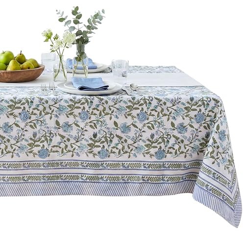 ATOSII Mahoka Blue 100% Cotton Fall Tablecloth, Handblock Floral Linen Table Cloth for Kitchen Dining Table I Parties Weddings Outdoors Easter Valentine's Gift I 60 X 108 Inches I 8 Seater