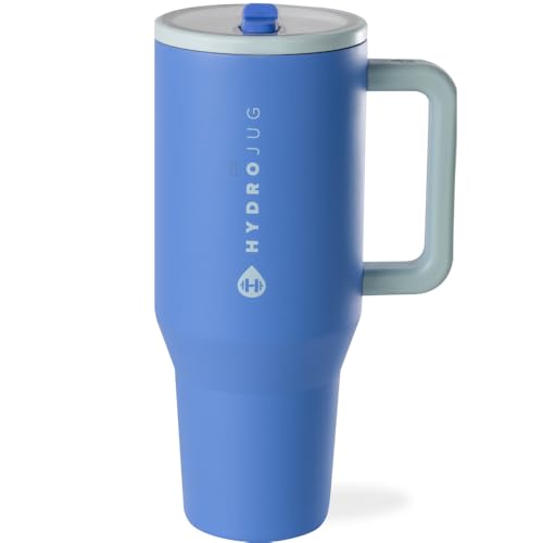 HydroJug Traveler - 40 oz Water Bottle with Handle & Flip Straw - Fits in Cup Holder, Leak Resistant Tumbler-Reusable Insulated Stainless Steel & Rubber Base - Gifts for Women & Men, Riptide
