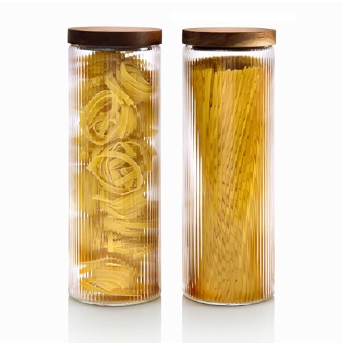 Mason & Fable Ribbed Glass Canisters or Spaghetti Jars with Airtight Wood Lid- Tall Storage Containers for Pasta, Cereal or Flour -Ideal for Kitchen/Pantry Organization - 60 fl.oz, Set of 2
