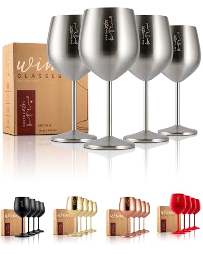 Gusto Nostro Stainless Steel Wine Glass - 18 oz - Cute, Unbreakable Wine Glasses for Travel, Camping and Pool - Fancy, Unique and Cool Portable Metal Wine Glass for Outdoor Events, Picnics (Set of 4)