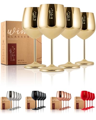 Gusto Nostro Stainless Steel Wine Glass - 18 oz Unbreakable Gold Wine Glasses for Travel, Camping and Pool - Fancy, Unique and Cute Portable Metal Wine Glass for Outdoor Events, Picnics (Set of 4)