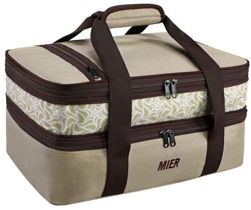 MIER Insulated Double Casserole Carrier Bag Thermal Lunch Tote for Lasagna Lugger, Potluck Parties, Picnic, Beach, Fits 9 x 13 Inches Baking Dish, Casserole Dish, Expandable by Mid Zipper, Khaki