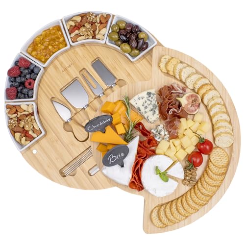 Charcuterie Cheese Board and Platter Set - Made from Bamboo Wood - US Patented 16 inch Cheese Cutting Board and Knife for Entertaining and Serving - 4 Knives - 5 Bowls - 2 Cheese Markers - 4 Forks