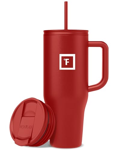 IRON FLASK Co-Pilot Insulated Mug w/Straw & Flip Cap Lids - Cup Holder Bottle for Hot, Cold Drink - Leak-Proof- Water, Coffee Portable Travel Tumbler - Fire Red, 40 Oz