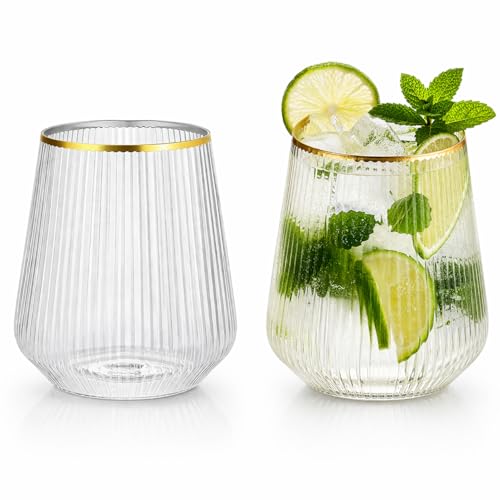 40 count Origami Ripple Unbreakable Stemless Plastic Wine Champagne Whiskey Glasses Elegant Durable Disposable Indoor Outdoor Ideal for Home, Office, Bars, Wedding, Ribbed 12 Ounce Cups (Gold Rim)
