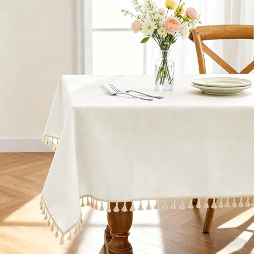 Alsoo Table Cloth Rectangle Table 55" x 120" Linen Look Texture Cotton Tablecloth Waterproof Wrinkle Free Heavy Duty Tables Cover with Tassel for Kitchen Dining Holiday Party, Ivory