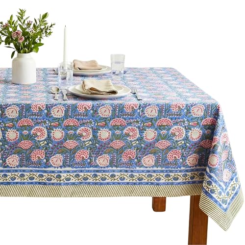 ATOSII Clover Pink 100% Cotton Fall Tablecloth, Handblock Print Rectangle Table Cover for Kitchen Dining Linen I Parties, Weddings, Outdoors, Easter Table Cloth Decor 60 X 108 Inches I 8 Seater