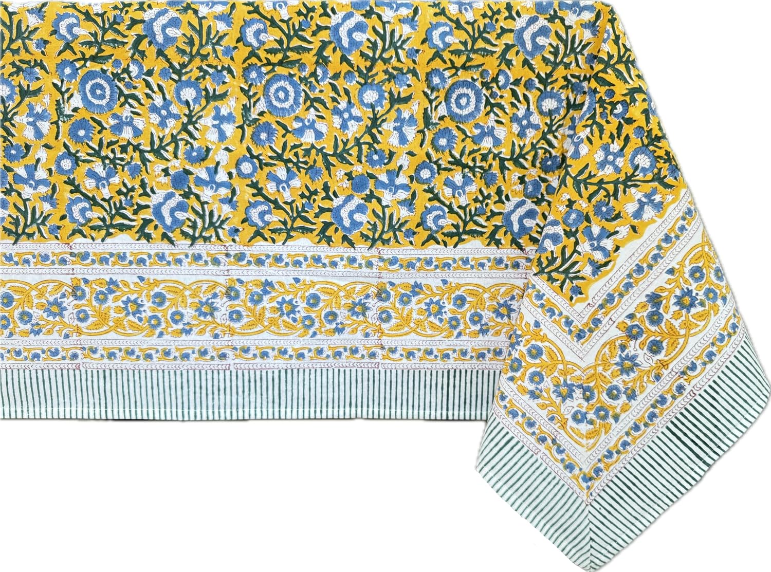 ATOSII Marigold Blue Yellow 100% Cotton Fall Tablecloth, Handblock Print Rectangle 60 X 90 Inches