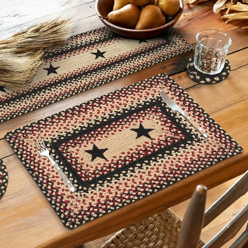 Homespice Primitive Star Gloucester Jute Woven Placemats, Warm Primitive Decor, Set of 4, Black and Red 13x19 Rectangle Table Mats - Vibrant Colors, Durable, Easy to Clean and Protects Furniture