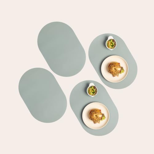 Mint Green Oval Silicone Placemats Set of 4  Heat Resistant, Waterproof, Easy to Clean Non-Slip Modern Dining Table Mats  Premium Leather Textured Japandi Kitchen Decor