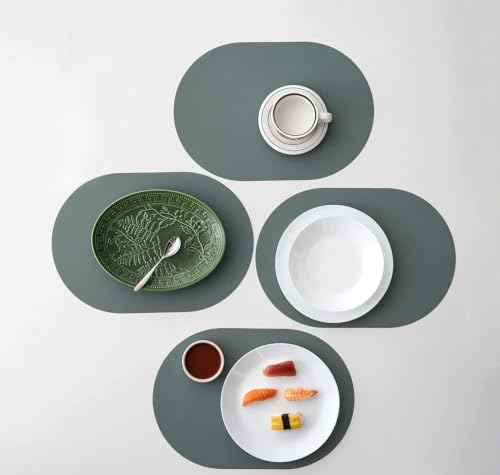Sage Green Oval Silicone Placemats Set of 4  Heat Resistant, Waterproof, Easy to Clean Non-Slip Modern Dining Table Mats  Premium Leather Textured Japandi Kitchen Decor