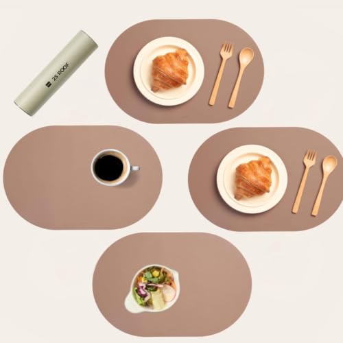 Clay Pink Oval Silicone Placemats Set of 4  Heat Resistant, Waterproof, Easy to Clean Non-Slip Modern Dining Table Mats  Premium Leather Textured Japandi Kitchen Decor