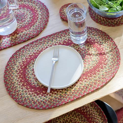 Homespice Cider Barn Jute Braided Placemats, Warm Country Rustic Decor, Set of 4, Red 13x19 Oval Table Mats - Vibrant Colors, Durable, Easy to Clean and Protects Furniture
