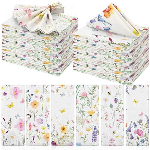 Cloth Napkins 15 x 15 Inch Plants Butterfly Soft Reusable Napkin Country French Cotton Dinner Towel Decorative Washable Towels for Spring Summer Fall Party(Watercolor,24 Pcs)