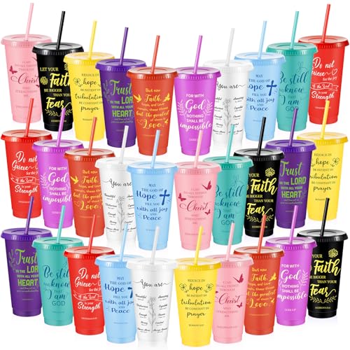 Uiifan 30 Pcs Christian Gifts Cups Bulk for Women Bible Verse Christian Tumblers with Lids and Straw 24oz Religious Church Gifts for Women Church Volunteers Thanksgiving Christmas (Fresh Color)