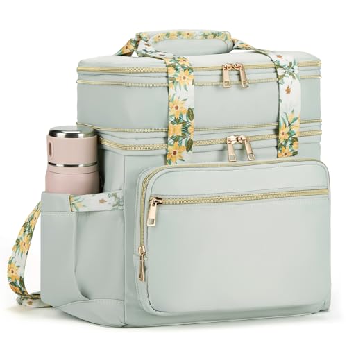 Double Deck Lunch Box for Women, Expandable Insulated Large Lunch Bag Women Leakproof Lightweight Lunch Cooler Bag Durable Lunchbox for Work Outdoor Travel, Green