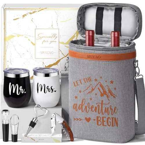 Wedding Gifts for Couples, Mr and Mrs Wine Tumblers Gifts - Engagement, Bridal Shower, Newlywed, His & Hers, Valentines Day, House Warming-Insulated Wine Cooler Tote Bag w/ Wines Accessories Gift Set