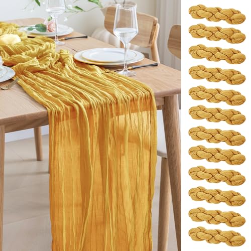 Asee'm 12pcs Cheesecloth Table Runner 120 Inches Long Gold Boho Gauze Cheese Cloth Runner 10FT Rustic Sheer Table Runners for Christmas Wedding Party Baby Shower Spring Easter Decoration