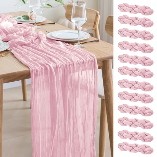 Asee'm 12pcs Cheesecloth Table Runner 120 Inches Blushing Pink Boho Gauze Cheese Cloth Runner 10FT Rustic Sheer Table Runners for Summer Wedding Baby Shower Holiday Party Decoration