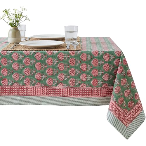 ATOSII Roma Green 100% Cotton Rectangle Spring Summer Tablecloth, Handblock Floral Table Cloth Linen for Kitchen Dining I Parties Wedding Outdoors Easter Picnics Holidays I 72 X 140 Inches I 12 Seater