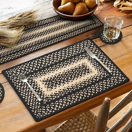 Homespice Manchester Jute Woven Placemats, Country Primitive Decor, Set of 4, Black and Tan 13x19 Rectangle Table Mats - Vibrant Colors, Durable, Easy to Clean and Protects Furniture