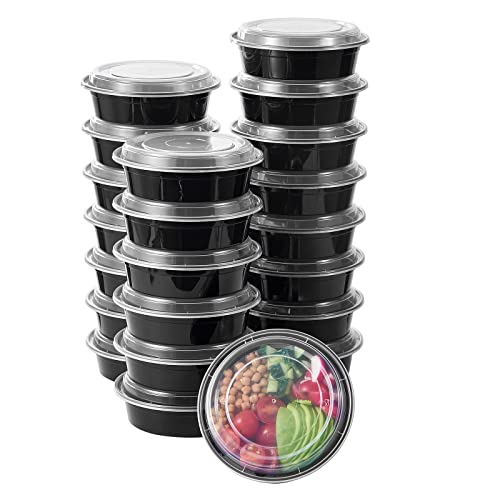 FULING 24 oz 150 ct Round Meal Prep Food Storage Containers with Lids To Go Plastic Lunch Plan Box Disposable Take Out Bowls Black BPA Free Reusable Durable Stackable Microwave Freezer Dishwasher Safe