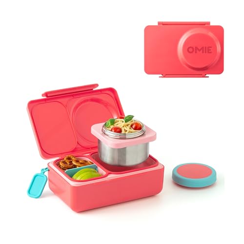 Omie OmieBox UP bento Box for Kids | Insulated Lunch Box | Leak Proof Vacuum Insulated Thermal Food jar | Cooler ice Pack | 2 Compartments (Cherry Pink)