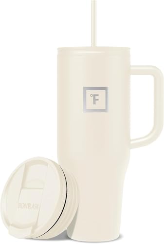 IRON FLASK Co-Pilot Insulated Mug w/Straw & Flip Cap Lids - Cup Holder Bottle for Hot, Cold Drink - Leak-Proof - Water, Coffee Portable Travel Mug - Cashmere Cream, 40 Oz