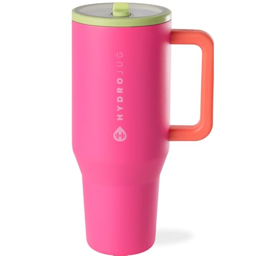 HydroJug Traveler - 40 oz Water Bottle with Handle & Flip Straw - Fits in Cup Holder, Leak Resistant Tumbler-Reusable Insulated Stainless Steel & Rubber Base - Gifts for Women & Men, Orchid