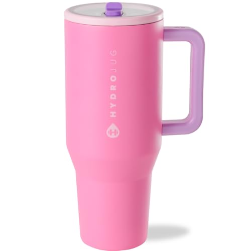 HydroJug Traveler - 40 oz Water Bottle with Handle & Flip Straw - Fits in Cup Holder, Leak Resistant Tumbler-Reusable Insulated Stainless Steel & Rubber Base - Gifts for Women & Men, Pink Sugar