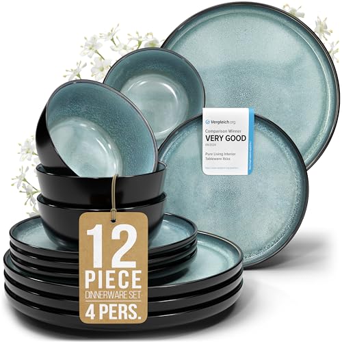 Stoneware dinnerware set 4 persons 12 pcs  Modern style plates and bowls set ceramic  Dishwasher safe and scratch resistant  Bowl and plate set  Dinner service Pure Living black & petrol blue