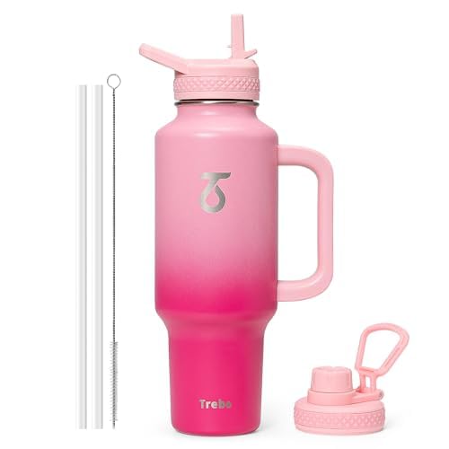 Trebo 40 oz Water Bottle Insulated with Handle, Leakproof Keep 24hrs Cold &Hot,Stainless Steel Travel Tumbler that Fits in Car Cup Holder with Straw Lids,Pink Reusable Water Bottles for women
