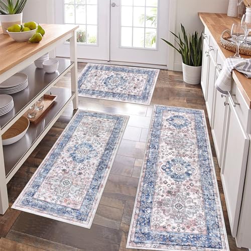 Pauwer Kitchen Mats for Floor 3 Piece Set Boho Non Slip Kitchen Rugs Washable Farmhouse Kitchen Floor Mats Thick Long Kitchen Throw Area Rug Carpet Runner for Hallway Entryway Laundry Bathroom, Blue