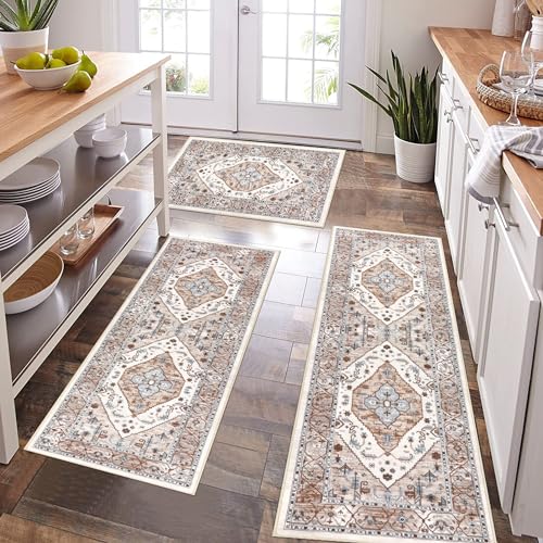 Pauwer Kitchen Mats for Floor 3 Piece Set Boho Non Slip Kitchen Rugs Washable Farmhouse Kitchen Floor Mats Thick Long Kitchen Throw Area Rug Carpet Runner for Hallway Entryway Laundry Bathroom, Beige