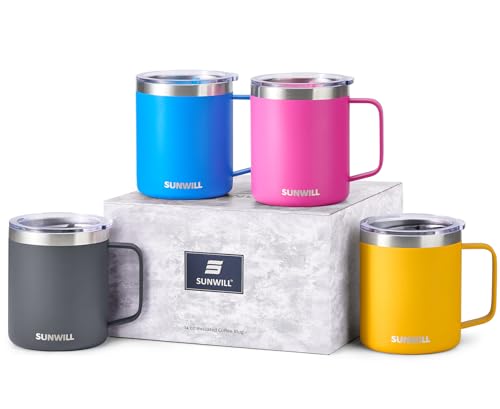 SUNWILL Travel Coffee Mugs Set of 4, Insulated Tumbler with Lid, 14oz Stainless Steel Cup with Handle Bulk for Gift, Camping, Office, Powder Coated Charcoal, Royal Blue, Magenta, Yellow