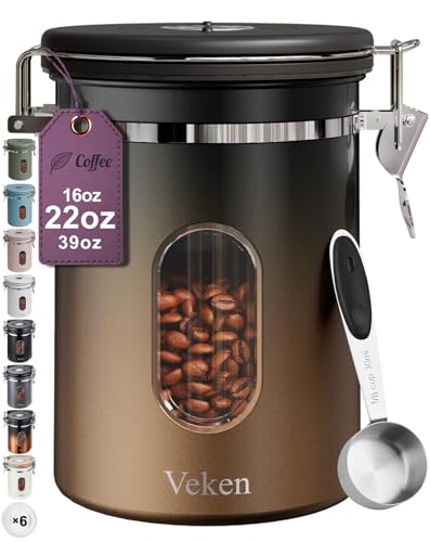 Veken Coffee Canister with Window,Airtight Stainless Steel Kitchen Food Storage Container, Date Tracker & Scoop for Grounds Coffee, Beans, Tea,Flour,Cereal,Sugar,22OZ,Copper