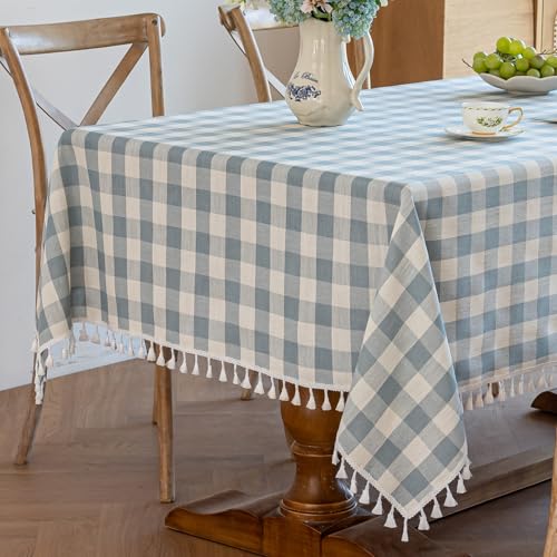 Alsoo Checkered Tablecloth Rectangle Cotton Linen Fabric Gingham Table Cloth Buffalo Plaid Table Cover with Tassel Wrinkle Free Washable for Kitchen Dining Picnic, Blue and White, 55X120''