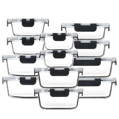 12 Pack Glass Meal Prep Containers with Airtight Lids, Leak-Proof Food Storage Containers, Dishwasher/Microwave/Oven/Freezer Safe Glass Containers for Lunch, Leftovers, to Go (Grey)