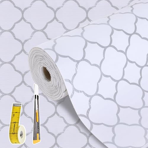 Shelf Drawer Liners for Kitchen Cabinets Non Adhesive Drawer Liner Thickened Refrigerator Liner Silver Quatrefoil Strong Non-Slip Paper for Tool Box with Knife and Tape Measure,11.8 x 354.3 Inches