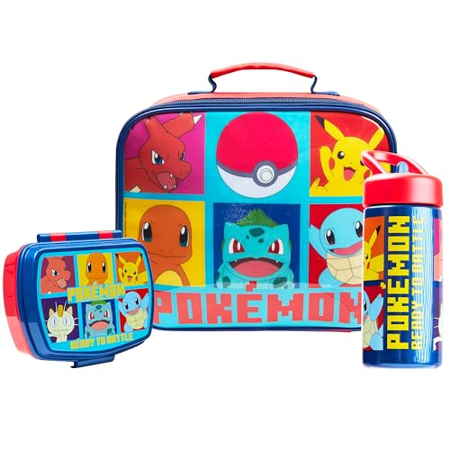 Pokemon Insulated Lunch Bag with Lunch Box Water Bottle Set for Kids 3 Piece School Snack Bag Pikachu Gifts for Kids (Red/Blue)