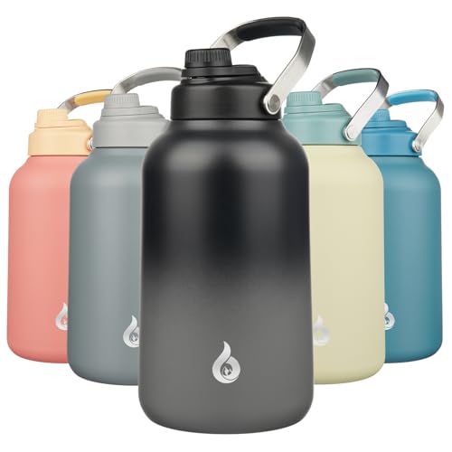 BJPKPK 1 Gallon Water Bottle Insulated, Dishwasher Safe 128oz Large Water Jug with Metal Handle & BPA Free Spout Lid, Stainless Steel Metal Jug for Gym, Sports & Hiking, Black Grey
