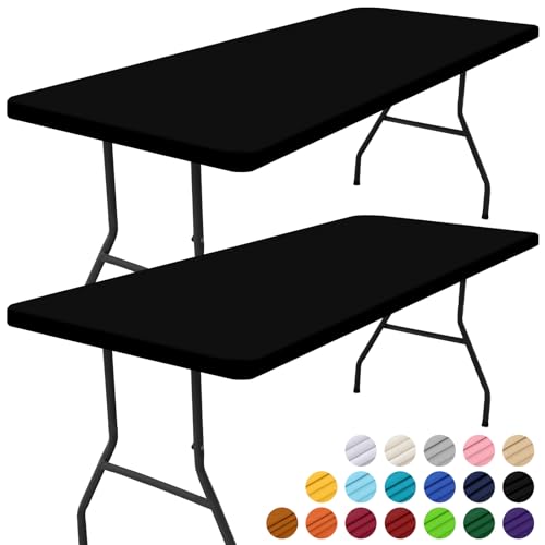 Smiry 2 Pack Rectangle Picnic Table Cloth, Waterproof Elastic Fitted Tablecloths, Washable Polyester Rectangular Patio Table Cover for Camping, Indoor and Outdoor (Black, 30"x96")